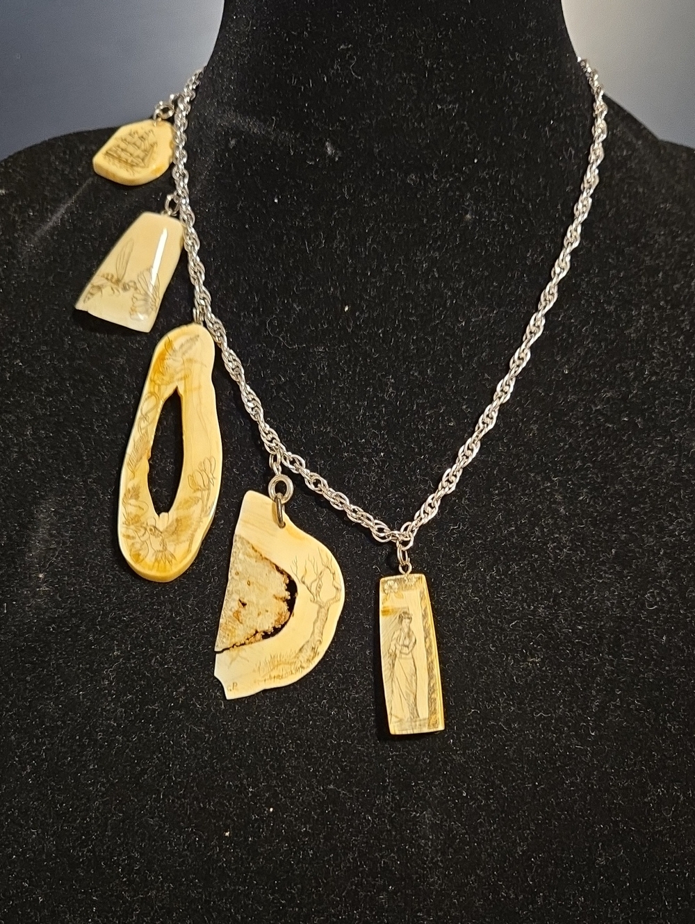 VTG Asymmetric Hand Carved Bone Scrimshaw Charm Statement Necklace 925 Sterling